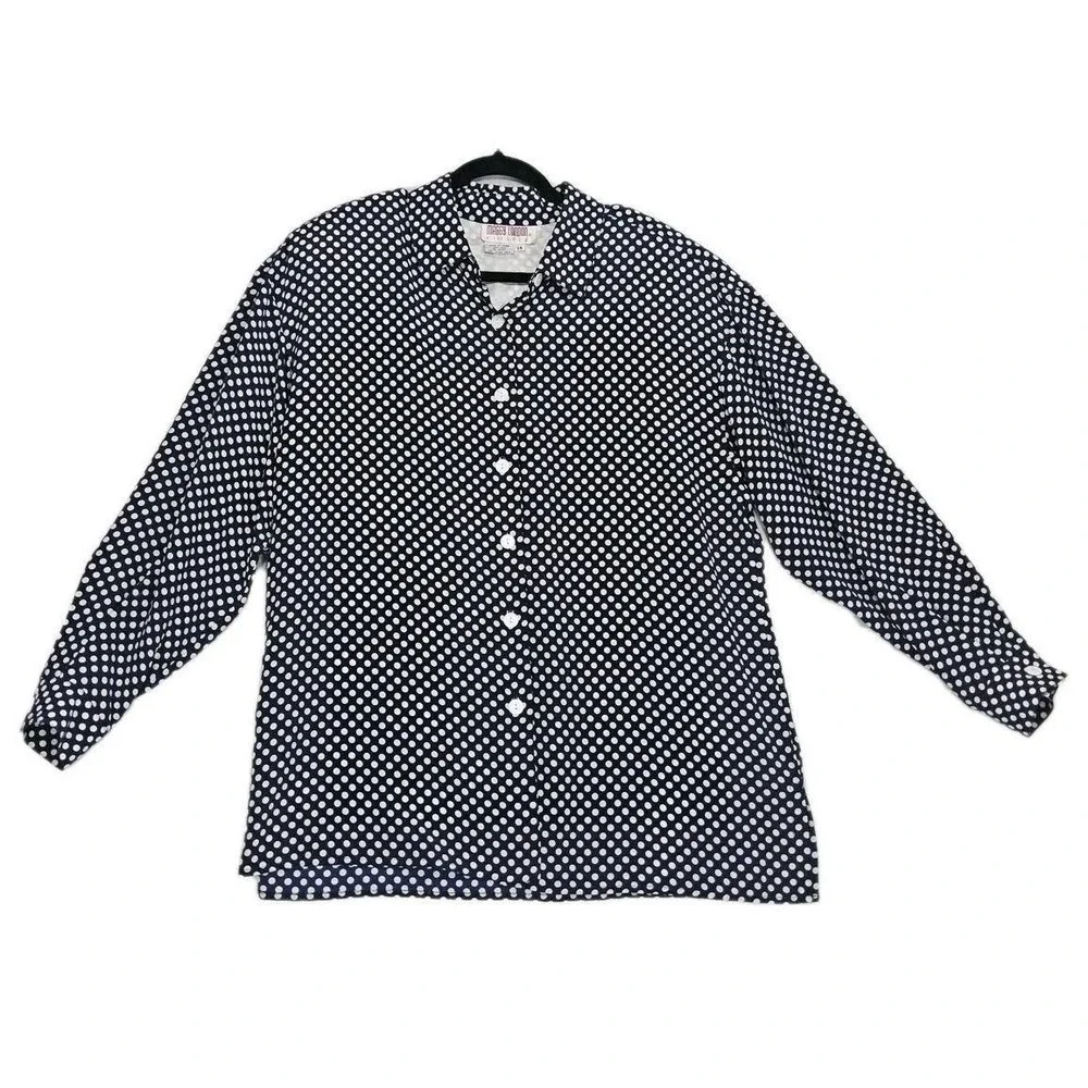Vtg Maggie London Silk Shirt Sz L 14 Blouse Spring Navy Polka Dot Nautical White